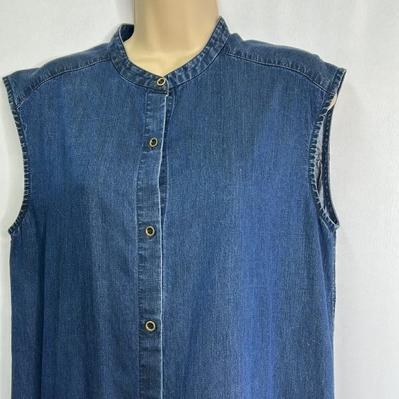 Eileen Fisher denim Tencel Lyocell cotton pocketed button down sleeveless dress - Picture 3 of 7